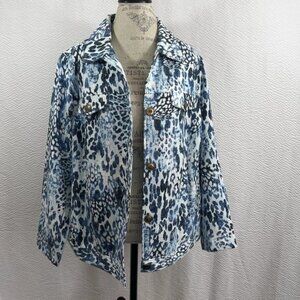 Sag Harbor Artsy Blue & White Animal Print Jacket Button Up Front pockets